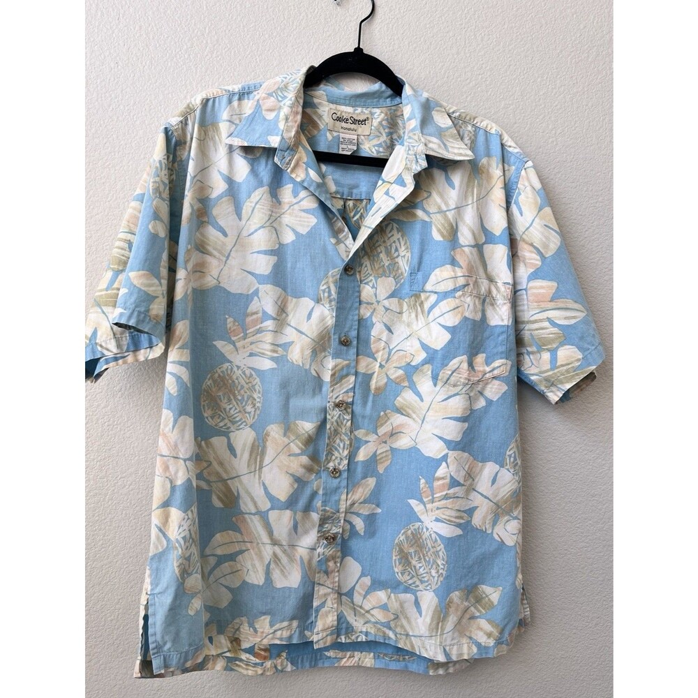 Cooke St Men’s L Aloha Hawaiian Shirt Light Blue Pineapple Leaves Reverse Print
